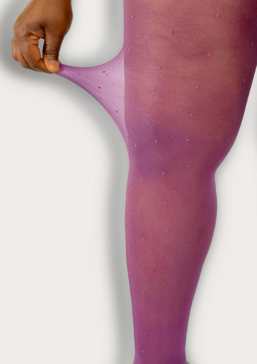 Purple tights with a subtle pattern on a white background