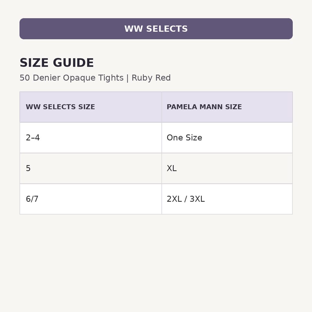 WW Selects size guide for 50 Denier Opaque Tights | Ruby Red