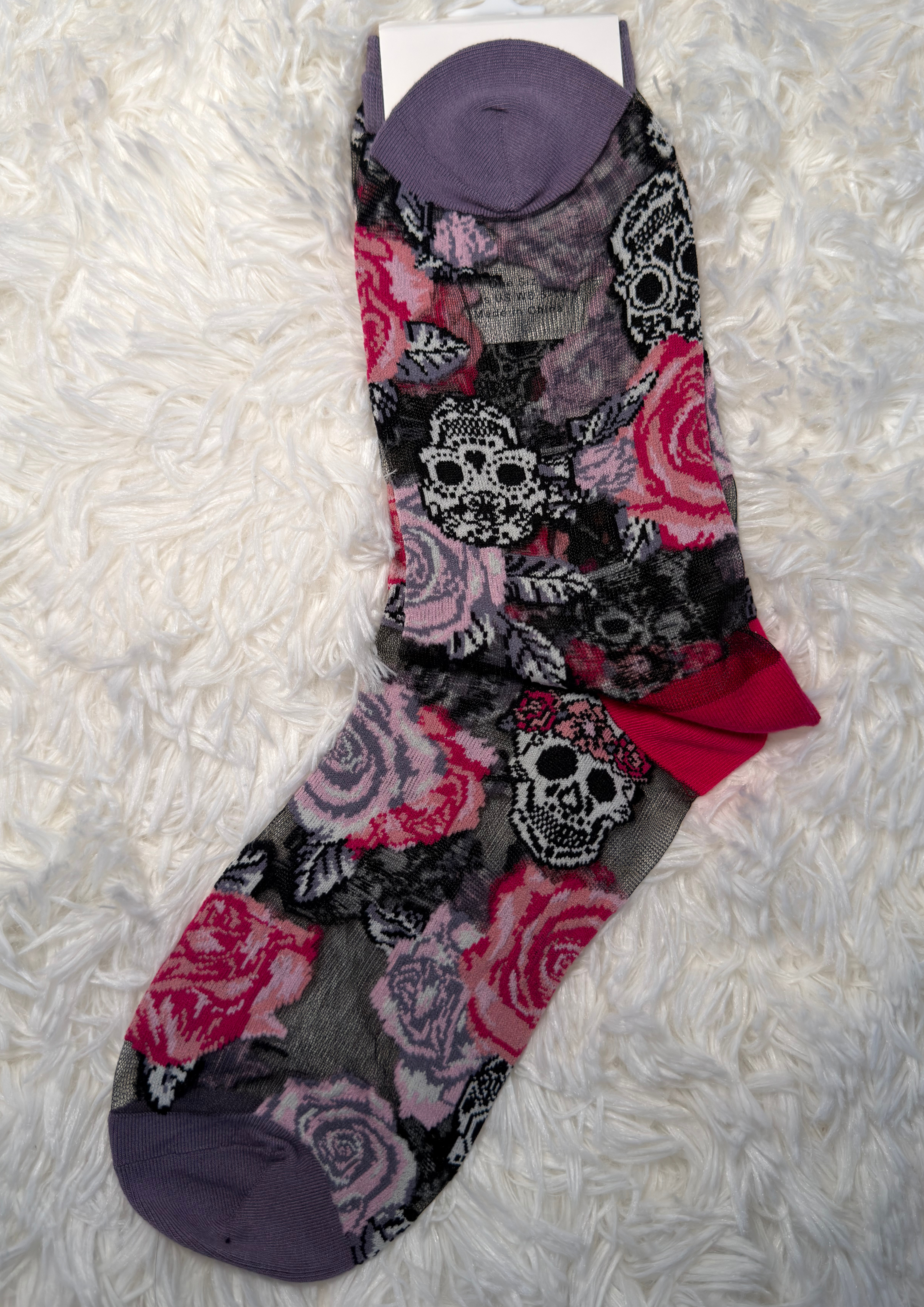 Skulls & Roses Black Sheer Crew Socks