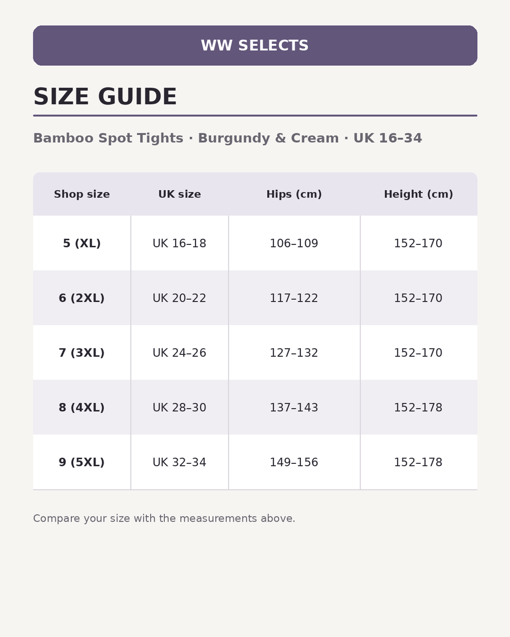 WW Selects size guide for Bamboo Spot Tights | Burgundy & Cream | UK 16–34
