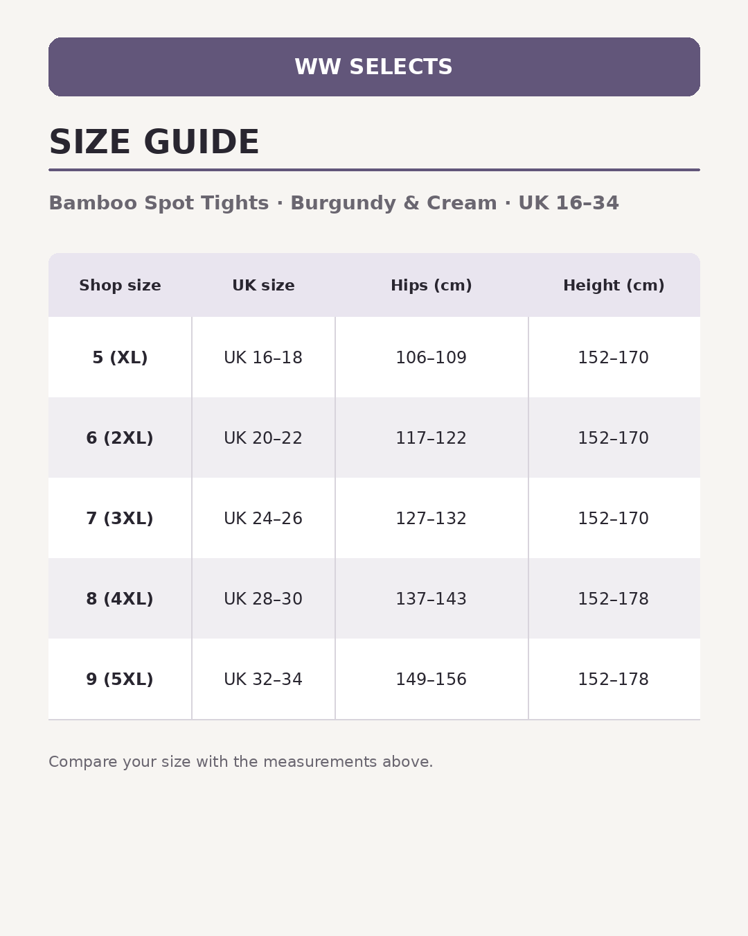 WW Selects size guide for Bamboo Spot Tights | Burgundy & Cream | UK 16–34