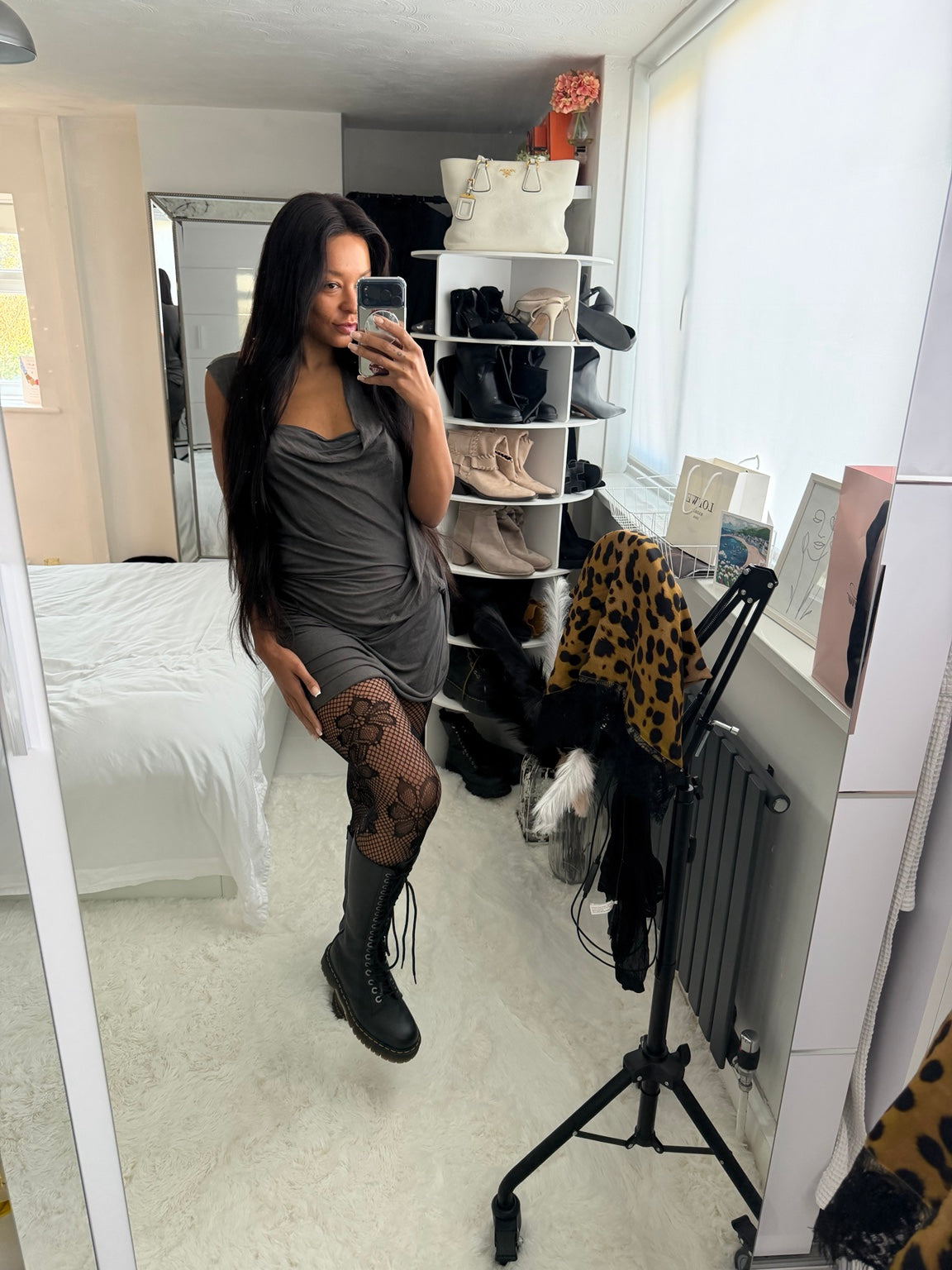 Blossom Net Tights styled with a grey mini dress and black boots