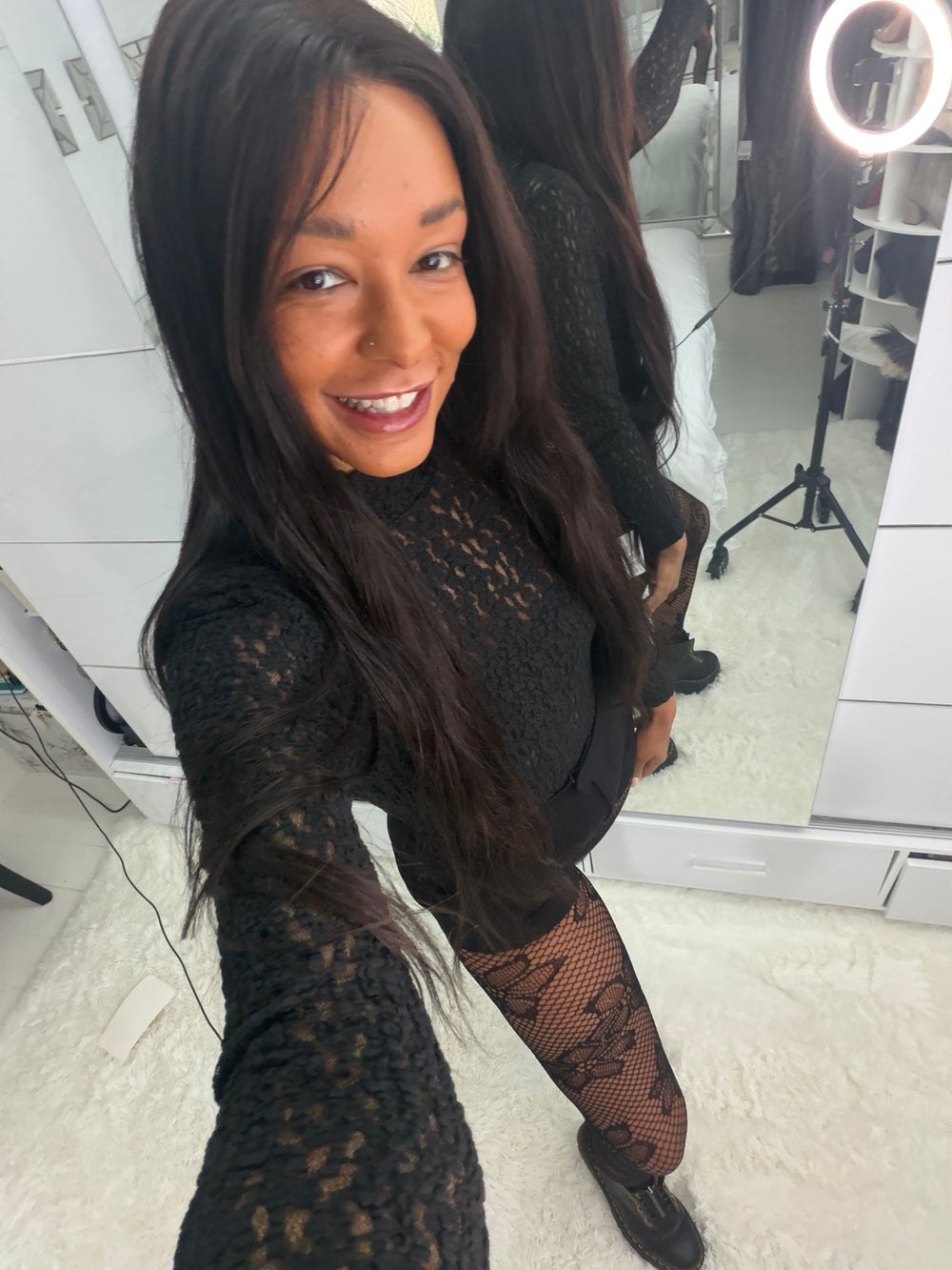 Blossom Net Tights styled close-up with a black lace top