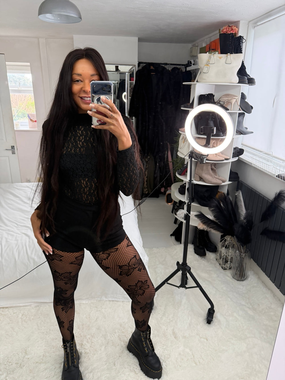 Blossom Net Tights styled with a black lace top and shorts