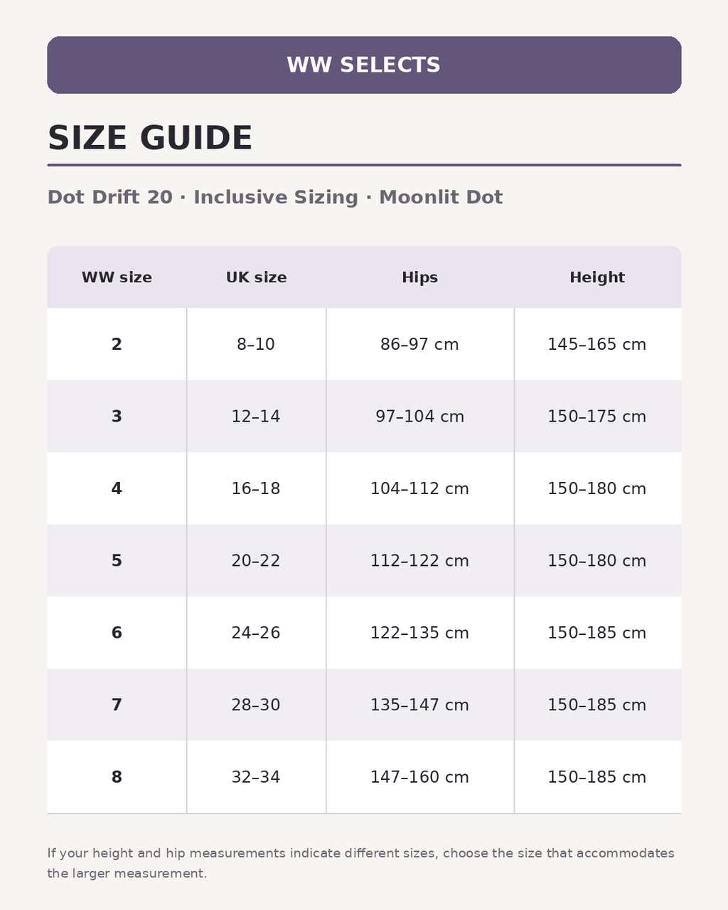 WW Selects size guide for Dot Drift 20 | Inclusive Sizing | Moonlit Dot