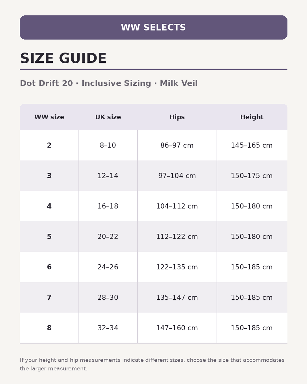 WW Selects size guide for Dot Drift 20 | Inclusive Sizing | Milk Veil