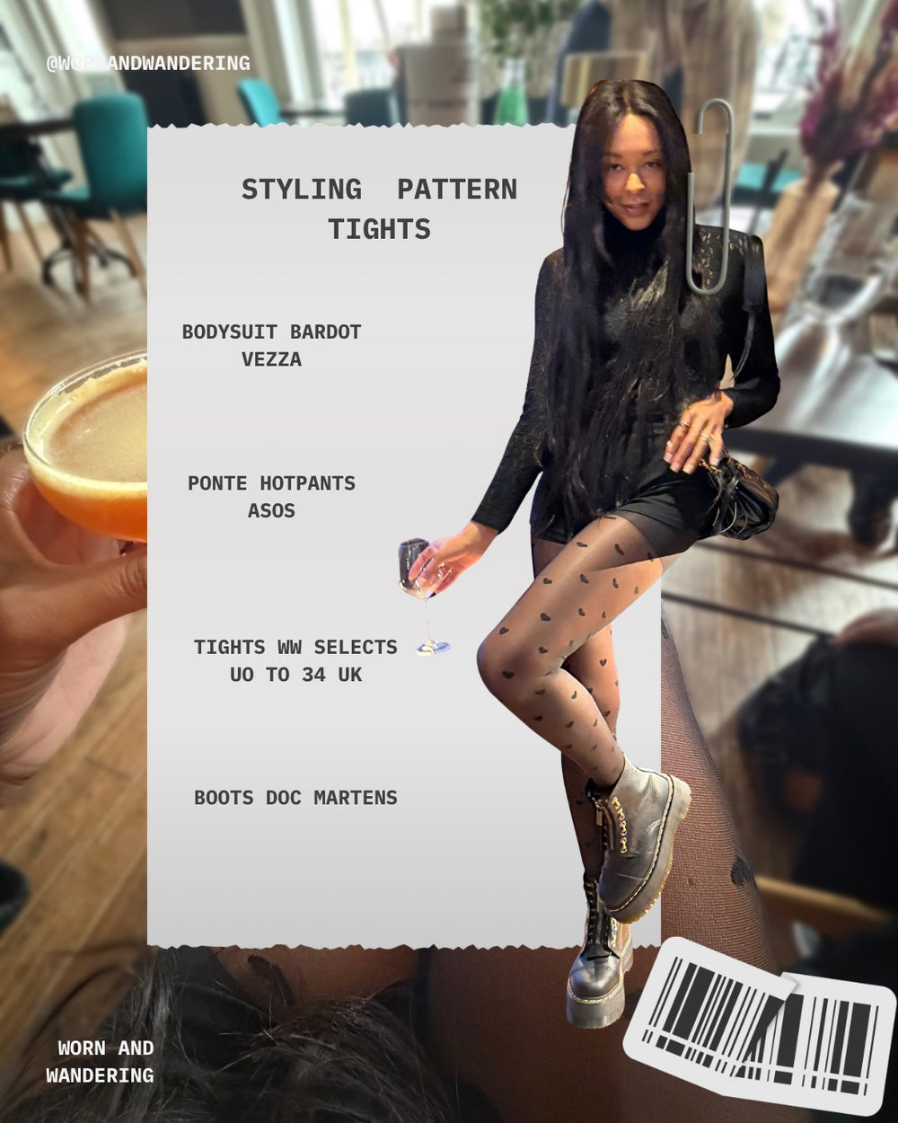Heart pattern tights styled with black shorts, bodysuit and platform boots