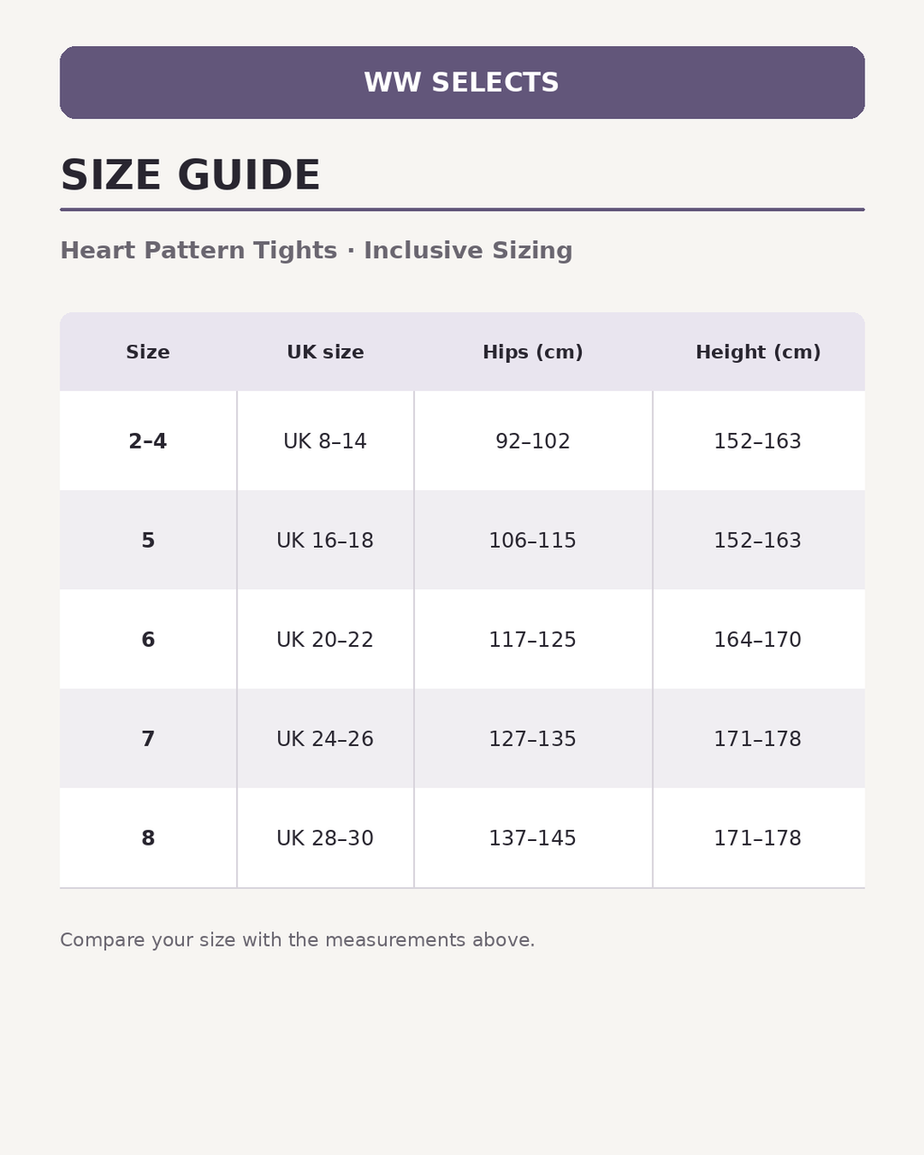 WW Selects size guide for Heart Pattern Tights | Inclusive Sizing