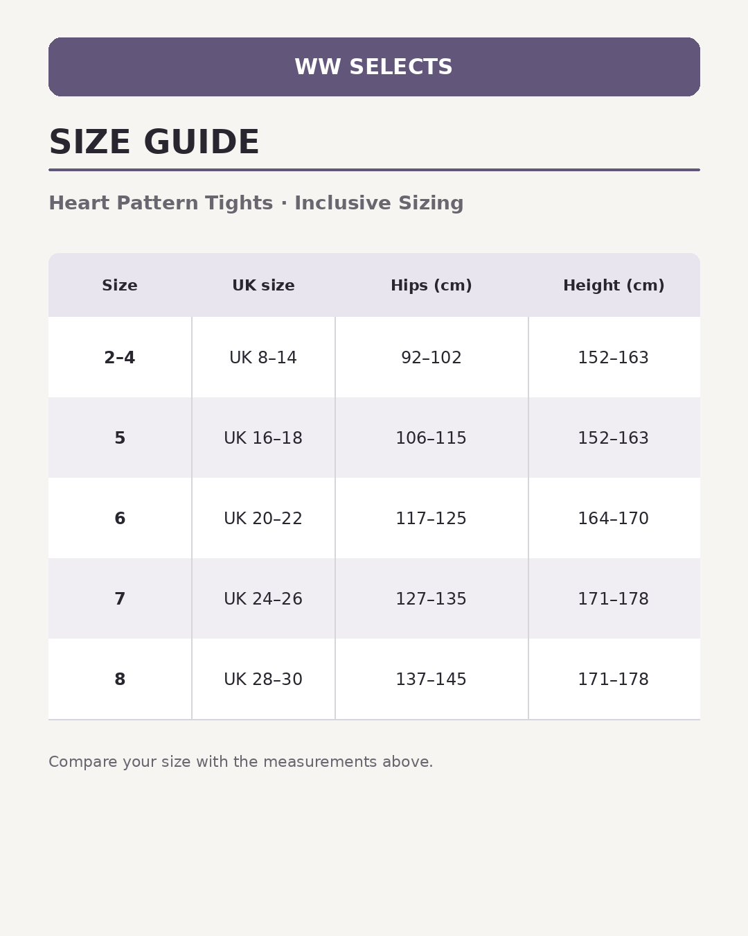 WW Selects size guide for Heart Pattern Tights | Inclusive Sizing