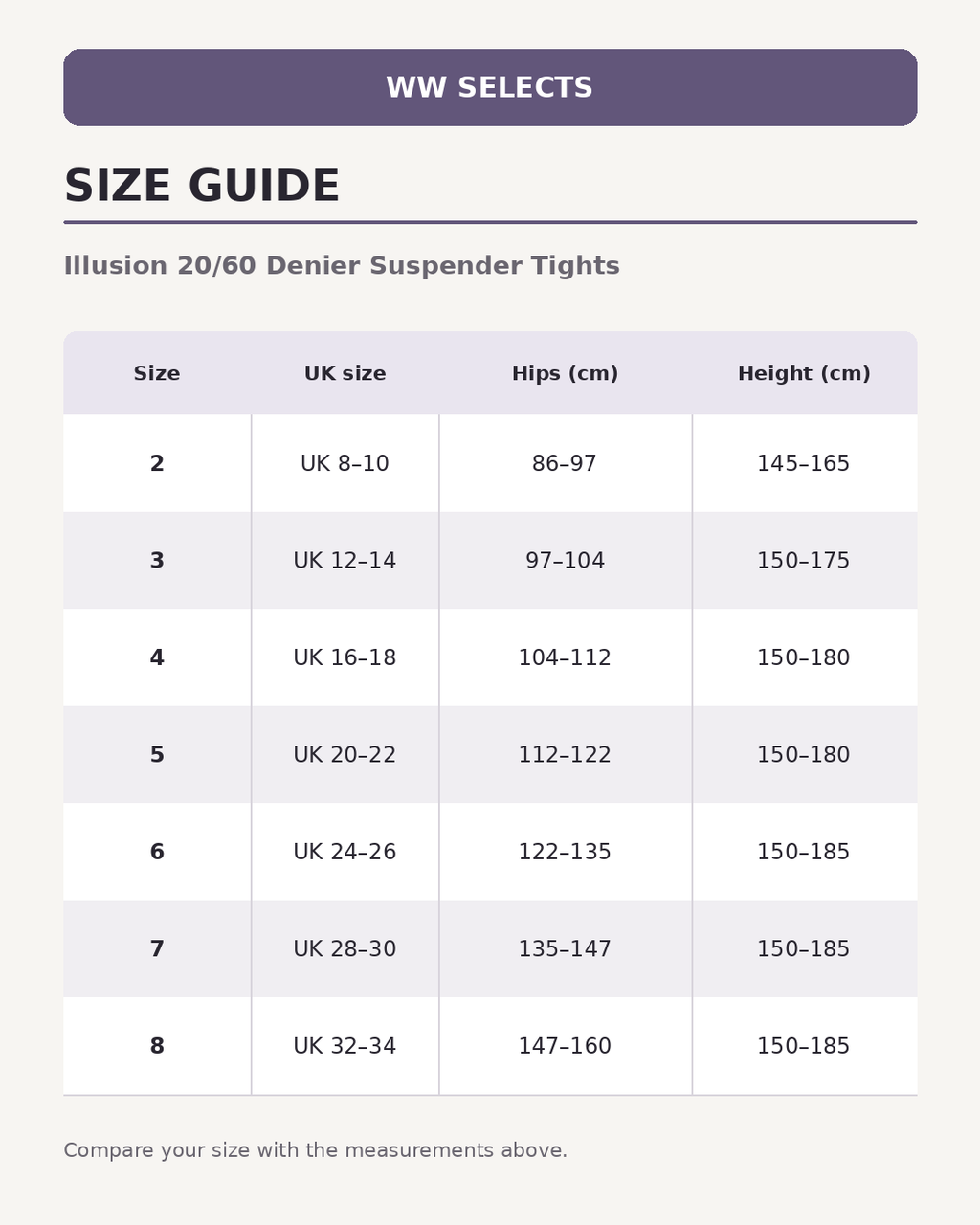WW Selects size guide for Illusion 20/60 Denier Suspender Tights