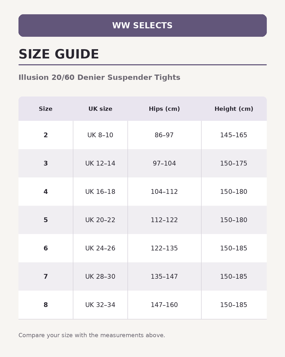 WW Selects size guide for Illusion 20/60 Denier Suspender Tights