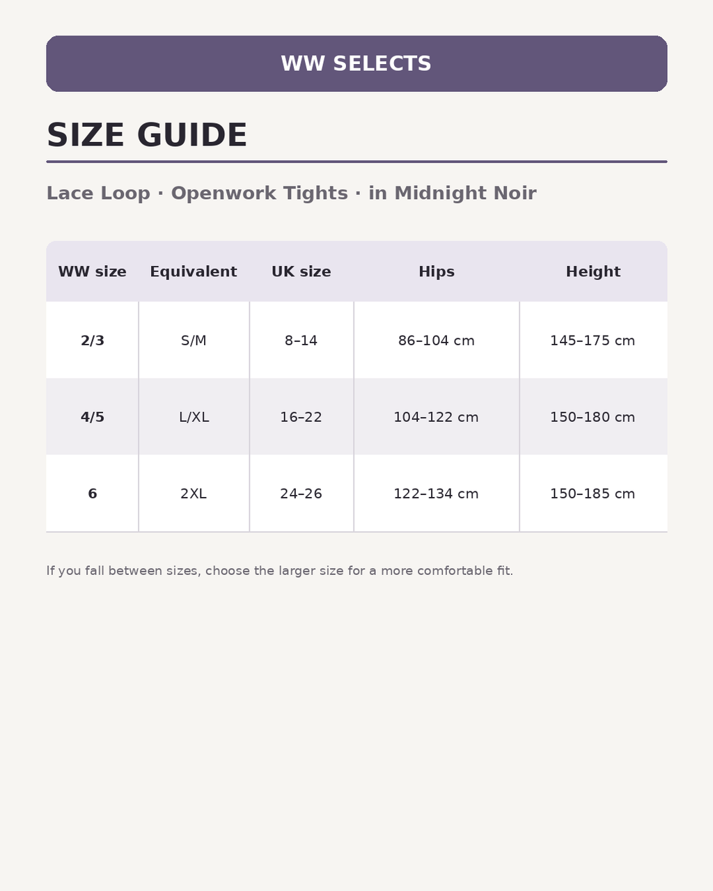 WW Selects size guide for Lace Loop Openwork Tights in Midnight Noir