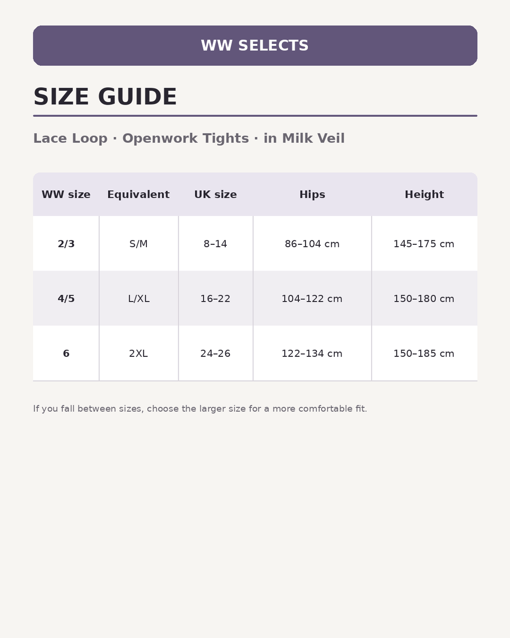 WW Selects size guide for Lace Loop | Openwork Tights | in Milk Veil