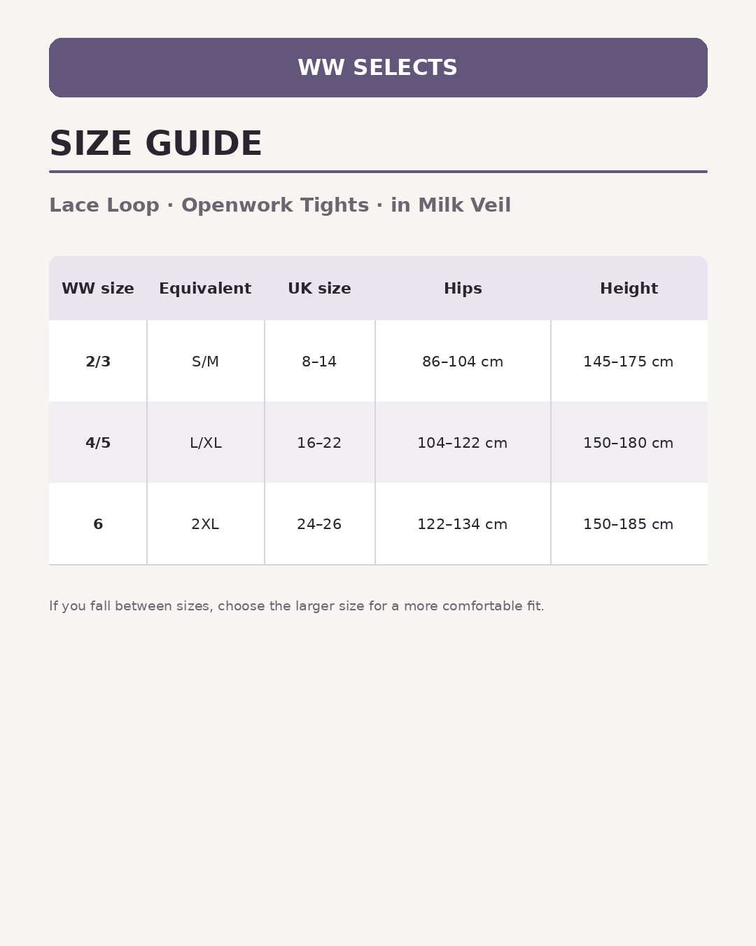 WW Selects size guide for Lace Loop | Openwork Tights | in Milk Veil