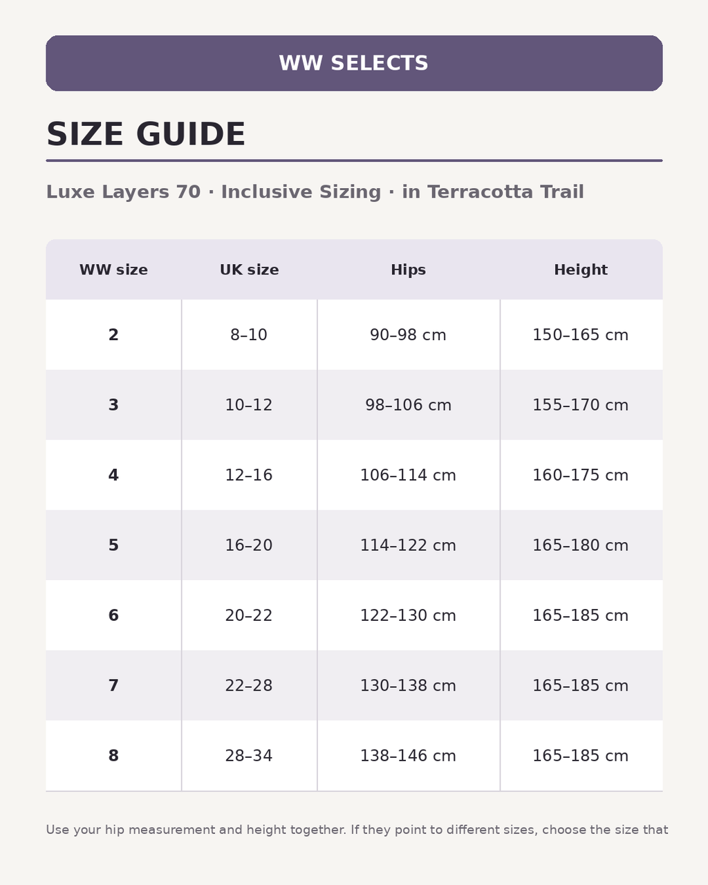 WW Selects size guide for Luxe Layers 70  | Inclusive Sizing | in Terracotta Trail