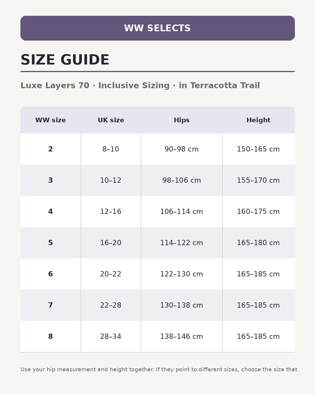 WW Selects size guide for Luxe Layers 70  | Inclusive Sizing | in Terracotta Trail