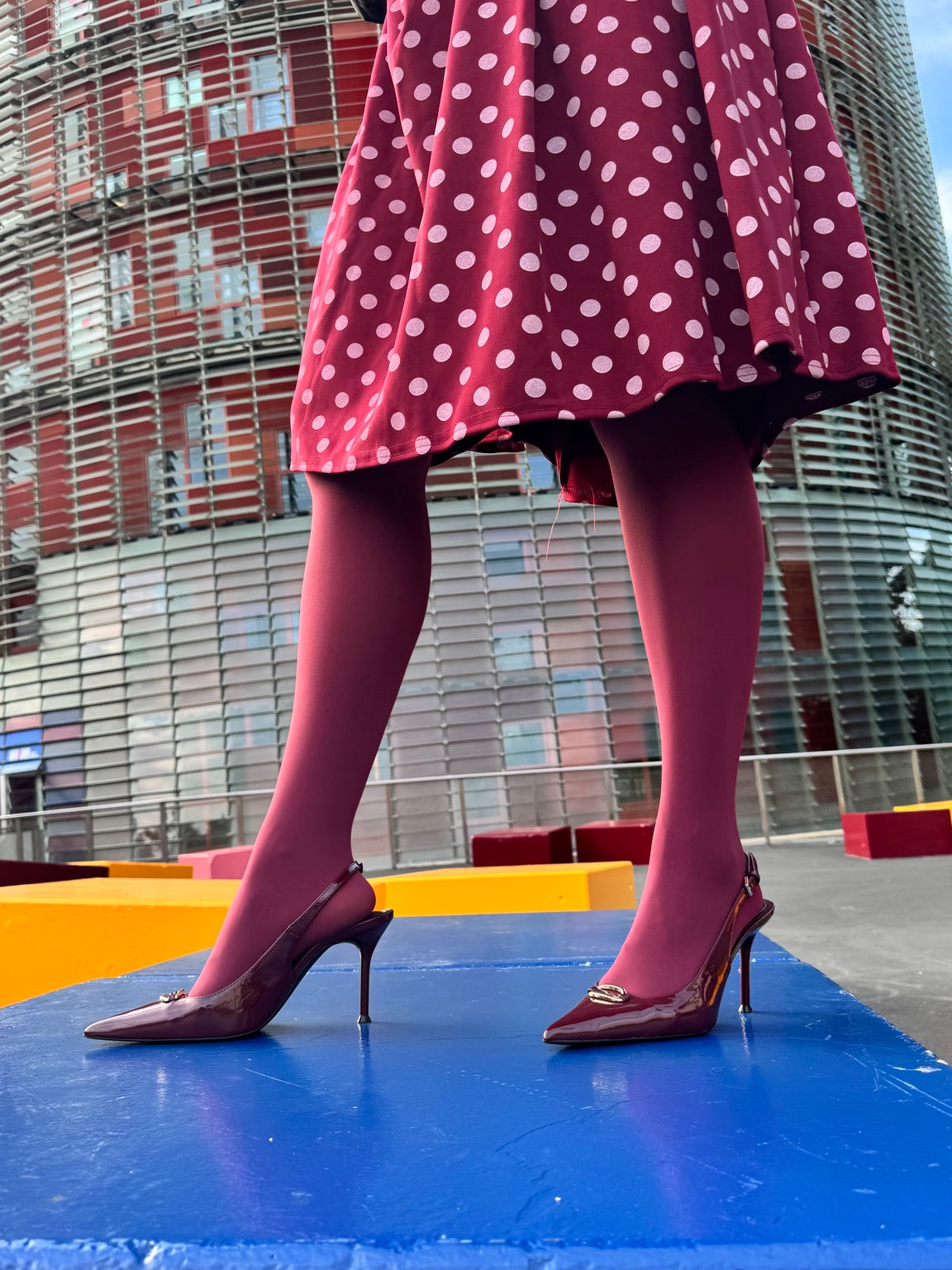 Cherry Drop coloured tights styled with burgundy slingback heels