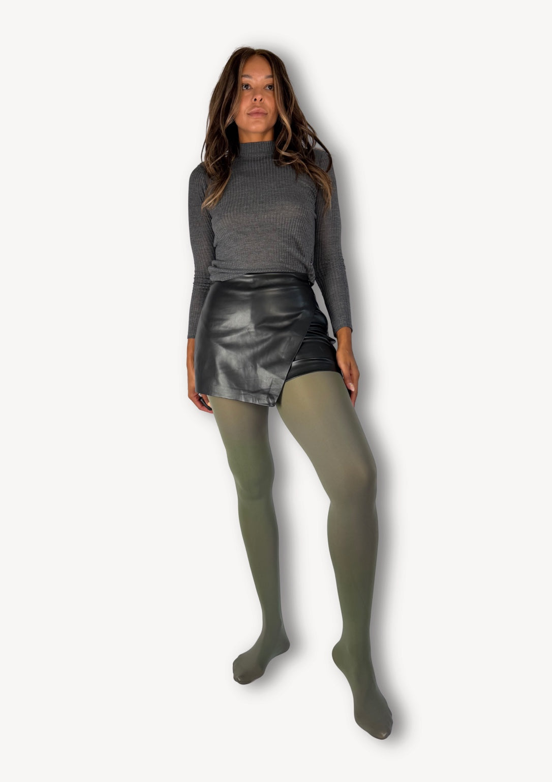 Model wearing WW Selects Luxe Layers 70 denier tights in Olive Lane