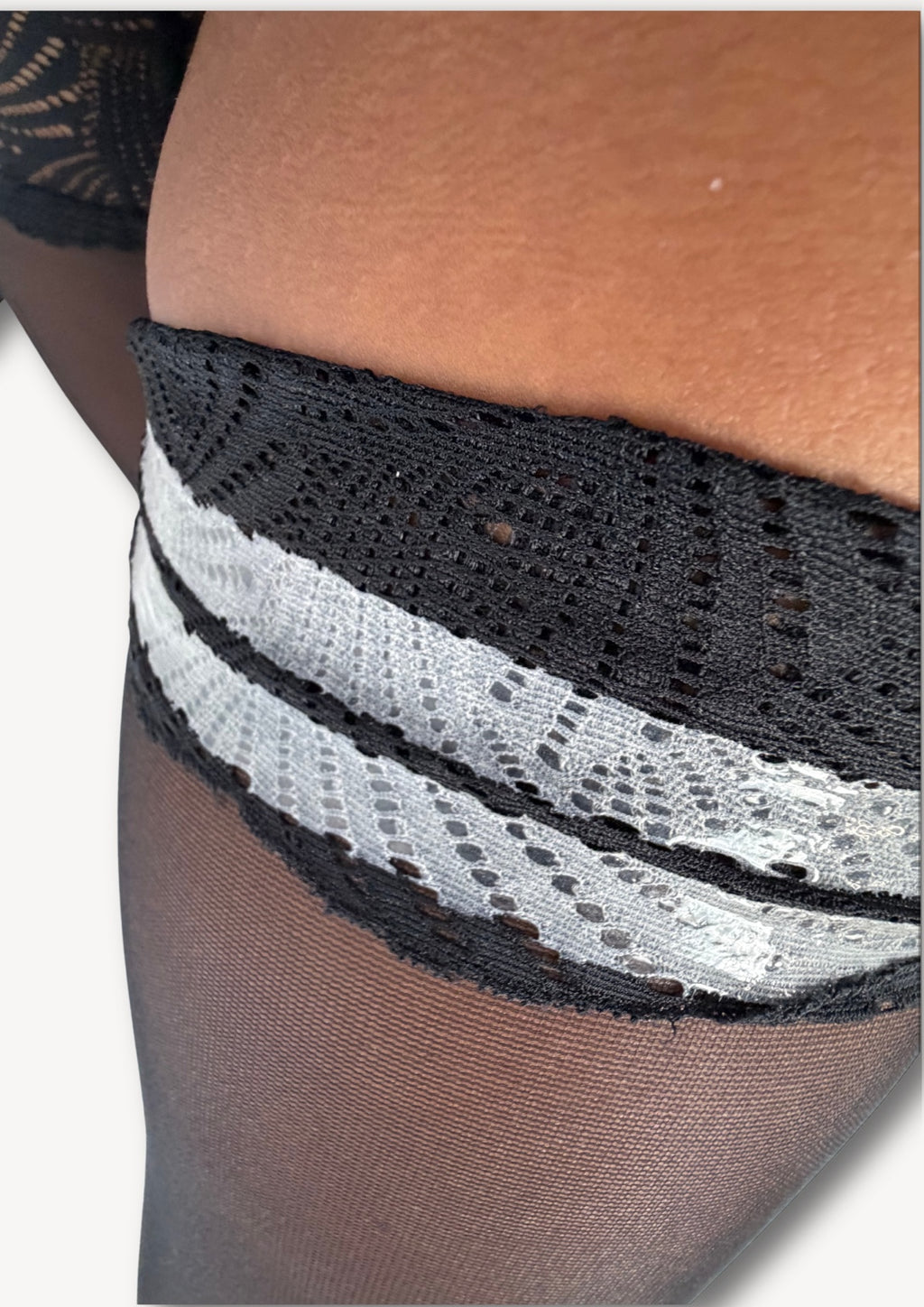 Close-up of silicone grip bands inside Noir Lace 20 Den black hold-up stockings