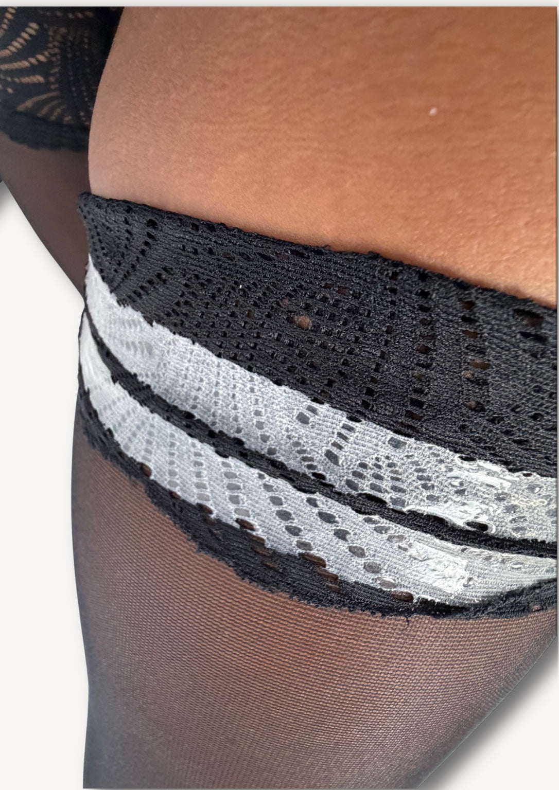 Close-up of silicone grip bands inside Noir Lace 20 Den black hold-up stockings