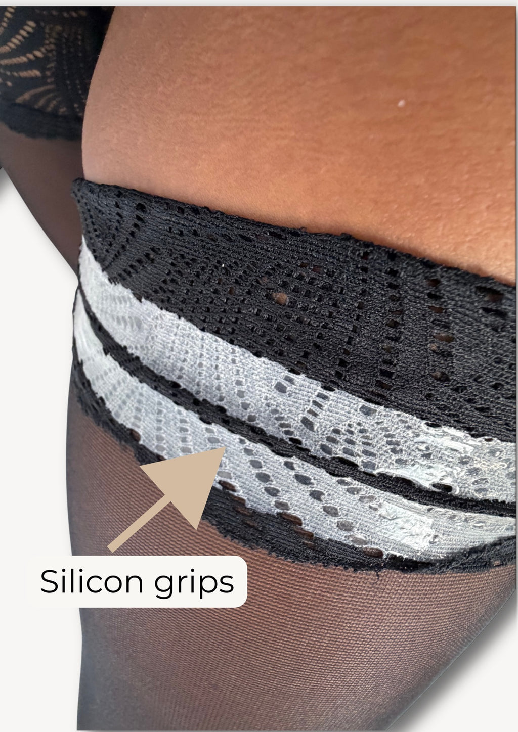 Labelled close-up showing silicone grip bands inside Noir Lace 20 Den hold-up stockings