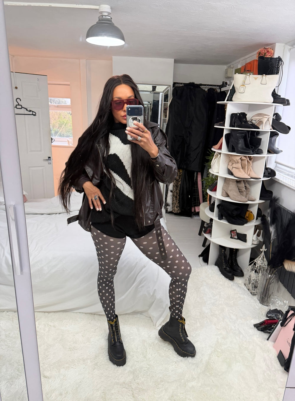 Black and white Polka Dot Printed Tights styled with shorts and boots