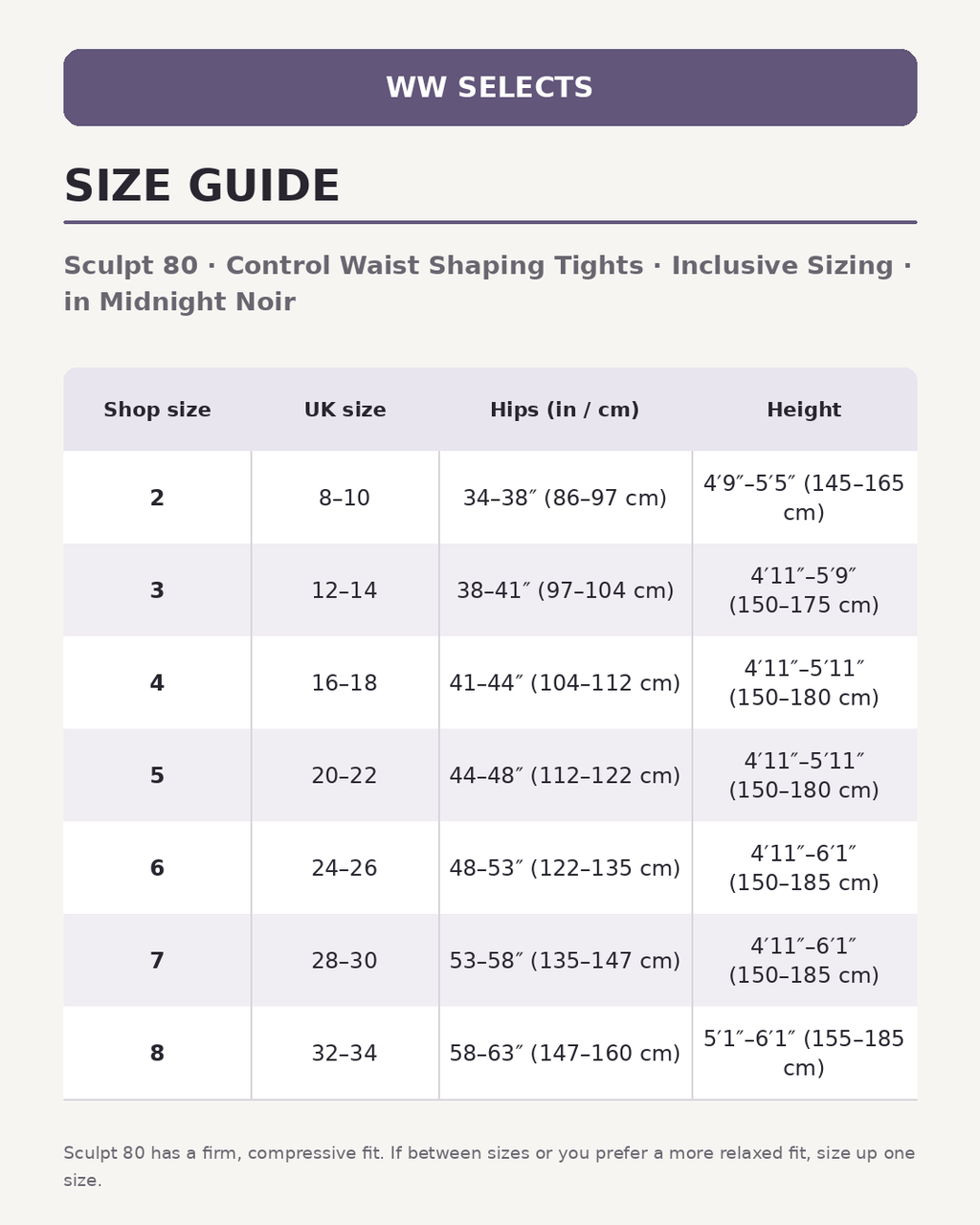 WW Selects size guide for Sculpt 80 | Control Waist Shaping Tights | Inclusive Sizing | in Midnight Noir