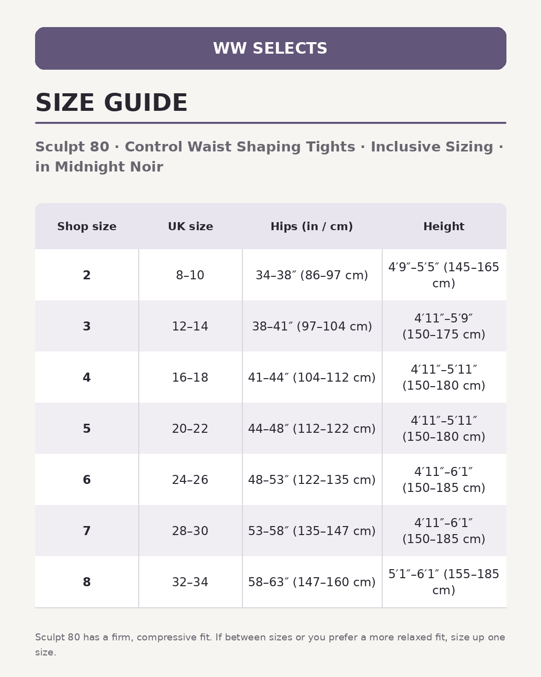 WW Selects size guide for Sculpt 80 | Control Waist Shaping Tights | Inclusive Sizing | in Midnight Noir