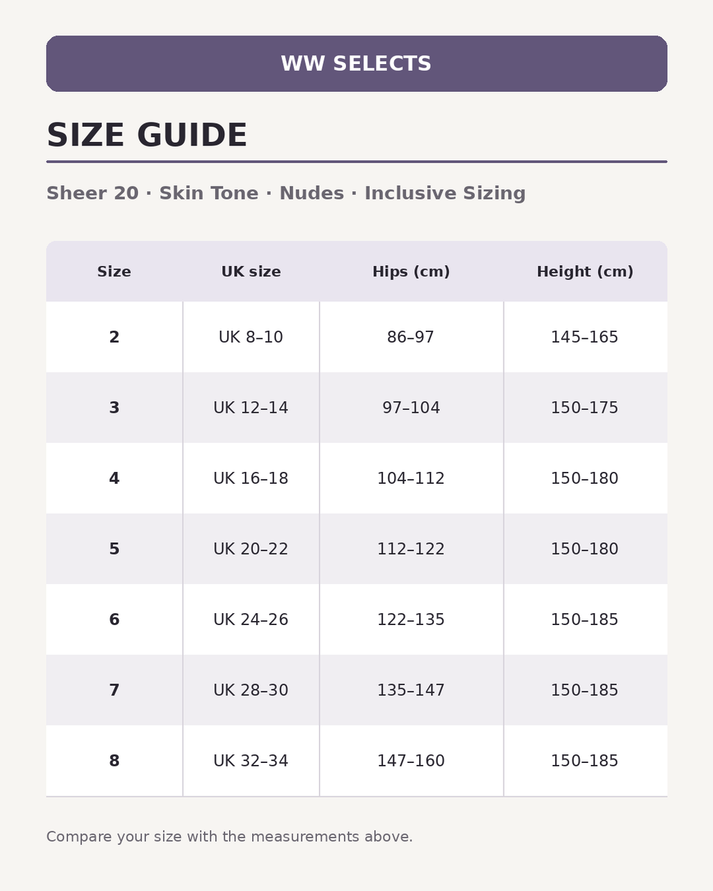 WW Selects size guide for Sheer 20 | Skin Tone | Nudes | Inclusive Sizing