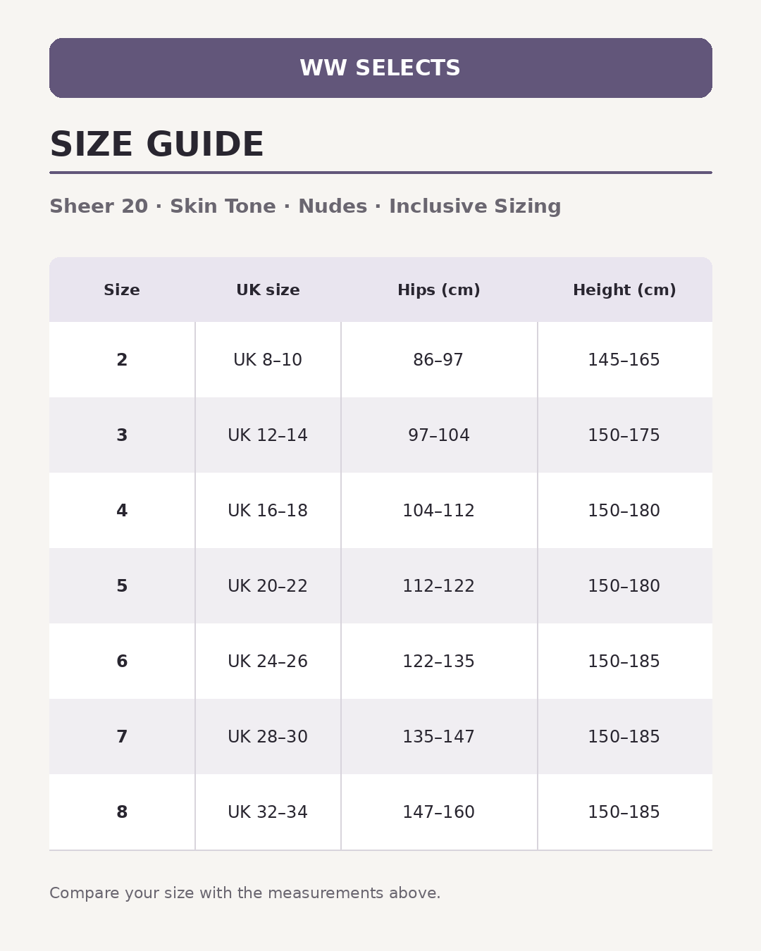 WW Selects size guide for Sheer 20 | Skin Tone | Nudes | Inclusive Sizing