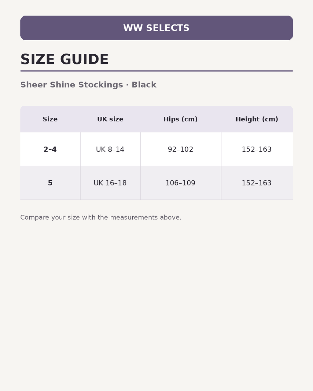 WW Selects size guide for Sheer Shine Stockings | Black