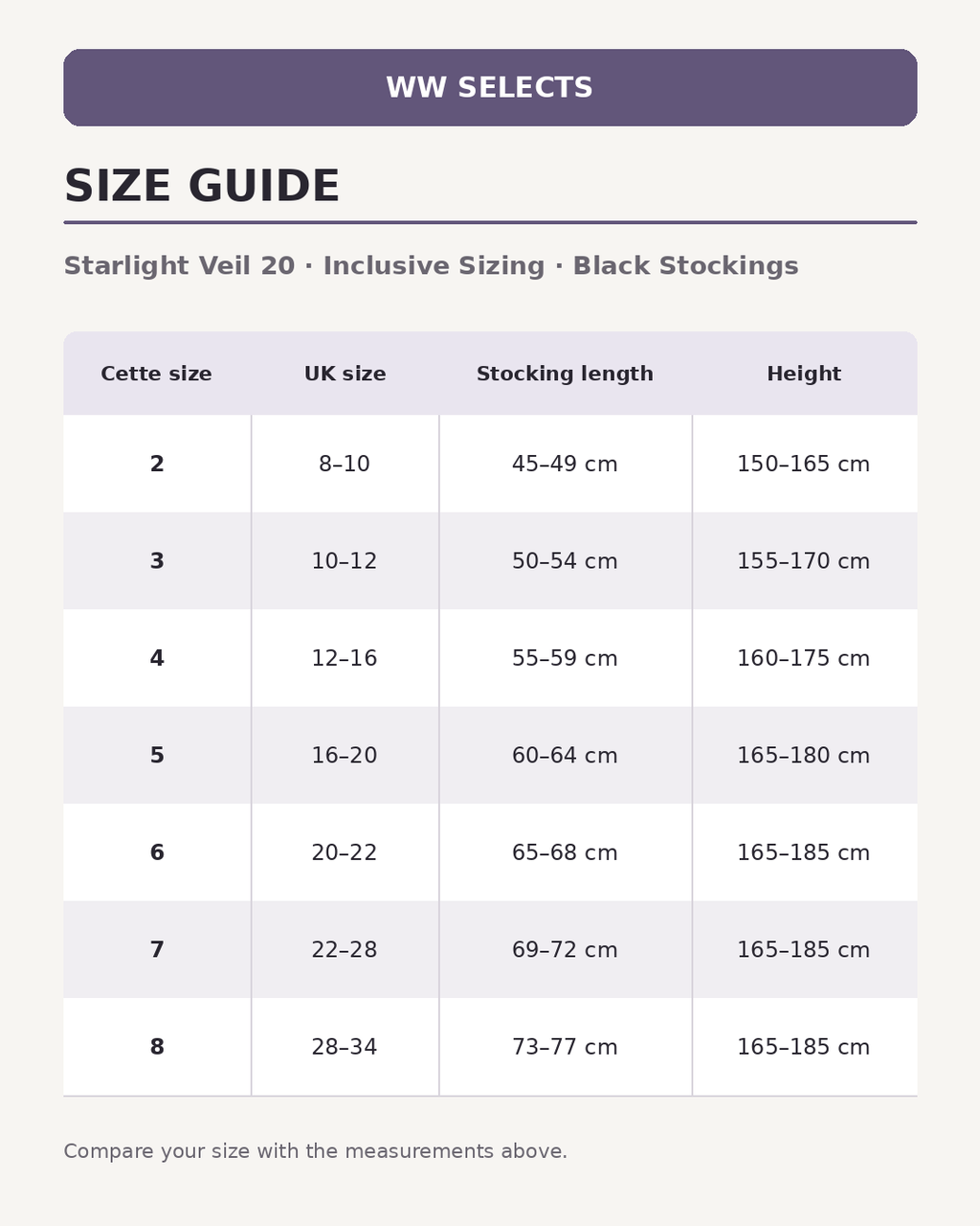 WW Selects size guide for Starlight Veil 20  | Inclusive Sizing | Black Stockings