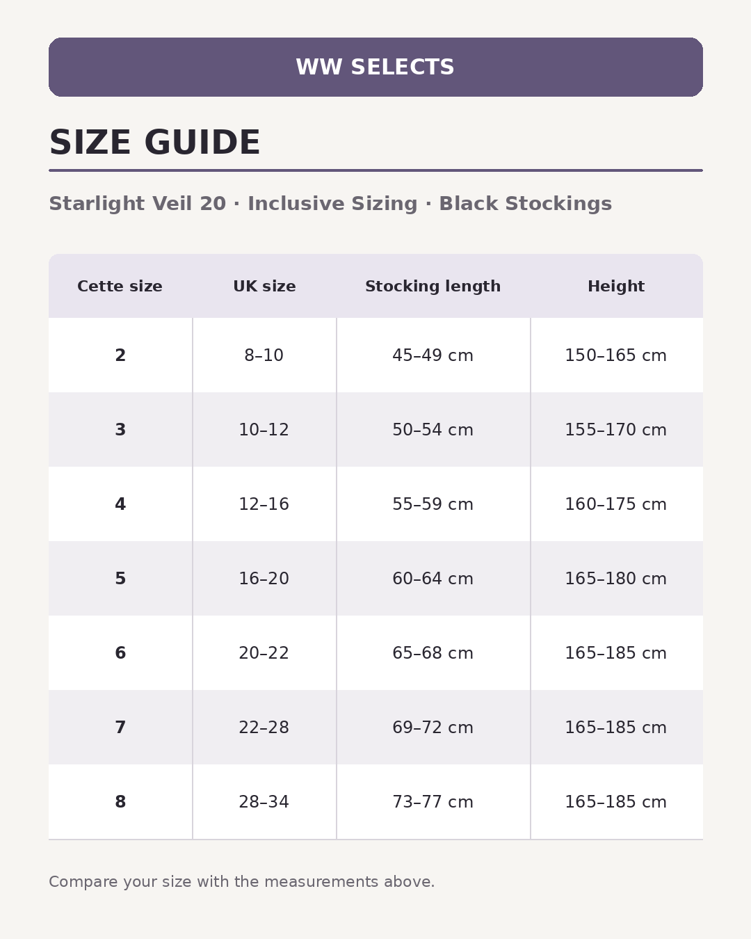 WW Selects size guide for Starlight Veil 20  | Inclusive Sizing | Black Stockings