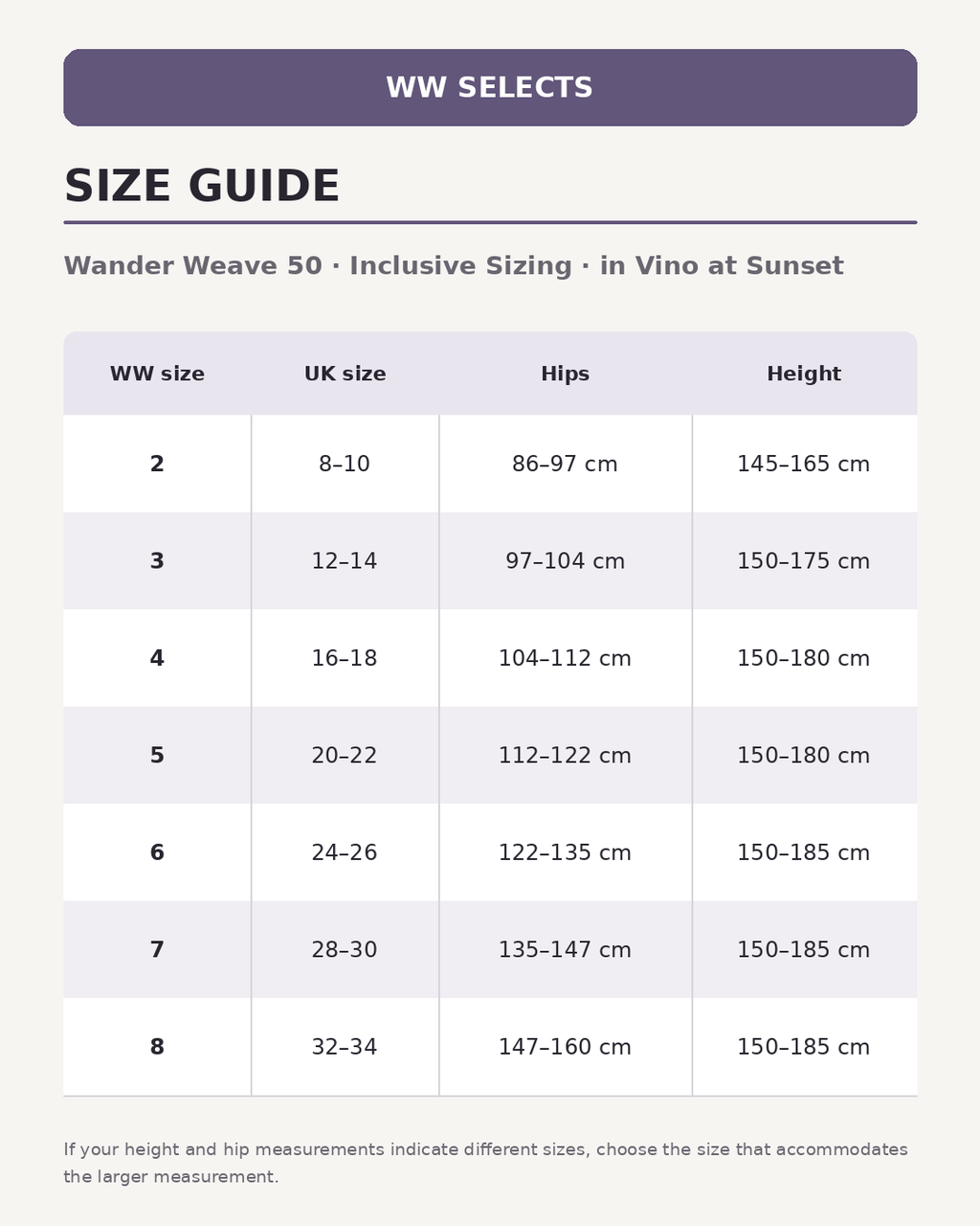 WW Selects size guide for Wander Weave 50 | Inclusive Sizing | in Vino at Sunset