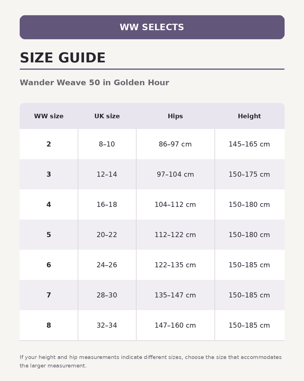 WW Selects size guide for Wander Weave 50 in Golden Hour