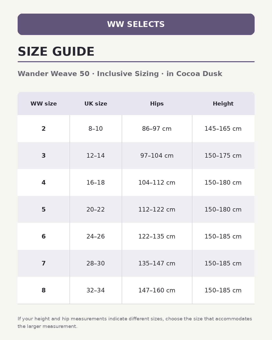WW Selects size guide for Wander Weave 50 | Inclusive Sizing | in Cocoa Dusk