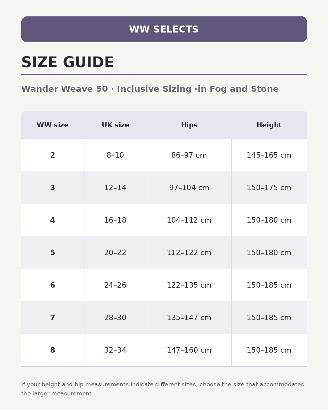 WW Selects size guide for Wander Weave 50  | Inclusive Sizing |in Fog and Stone