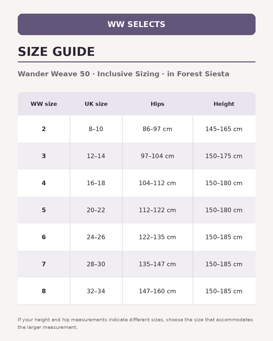 WW Selects size guide for Wander Weave 50 | Inclusive Sizing | in Forest Siesta