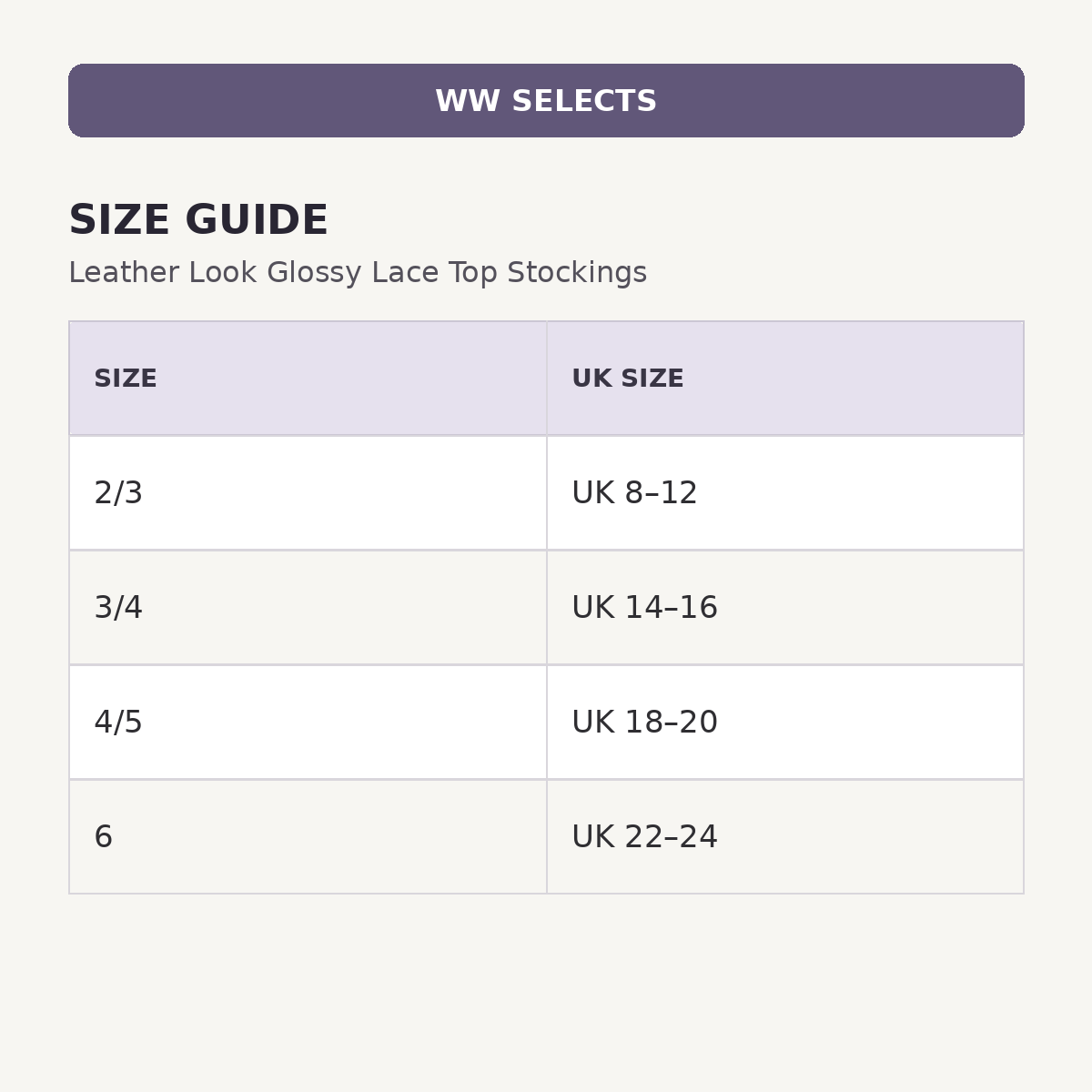 WW Selects size and UK size guide for Leather Look Glossy Lace Top Stockings | Black